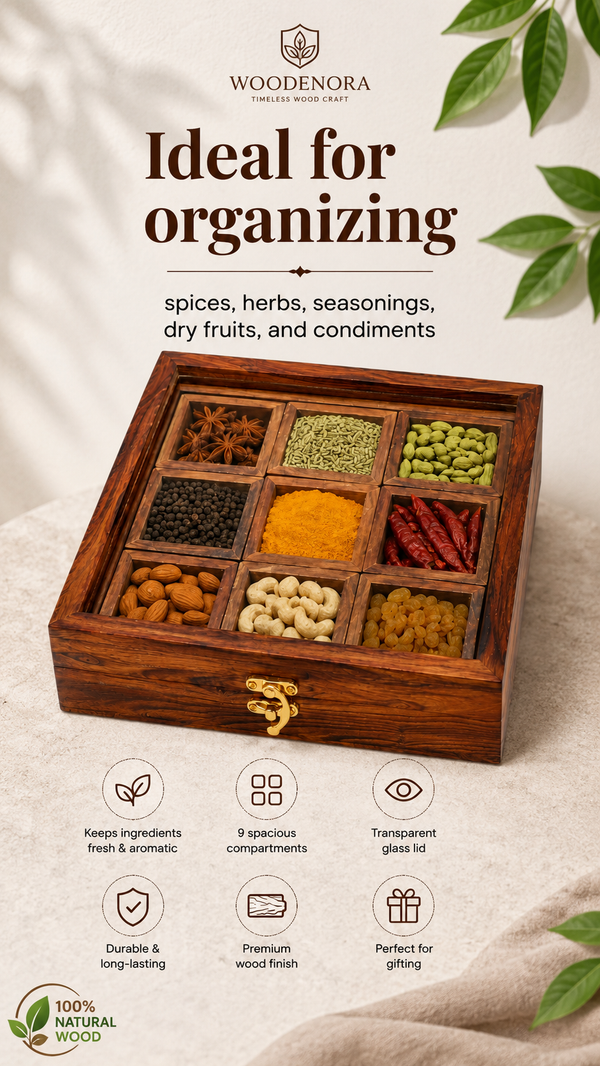 Handcrafted Wooden Spice Box with Glass Lid – 9 Compartment Masala Storage