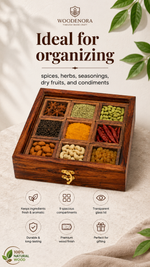 Handcrafted Wooden Spice Box with Glass Lid – 9 Compartment Masala Storage