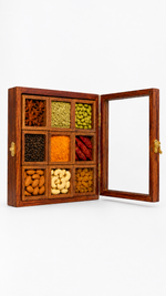 Handcrafted Wooden Spice Box with Glass Lid – 9 Compartment Masala Storage