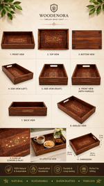Handcrafted Wooden Serving Tray with Carved Floral Design & Side Handles