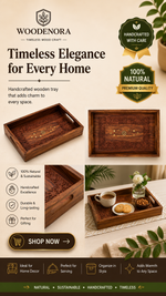 Handcrafted Wooden Serving Tray with Carved Floral Design & Side Handles