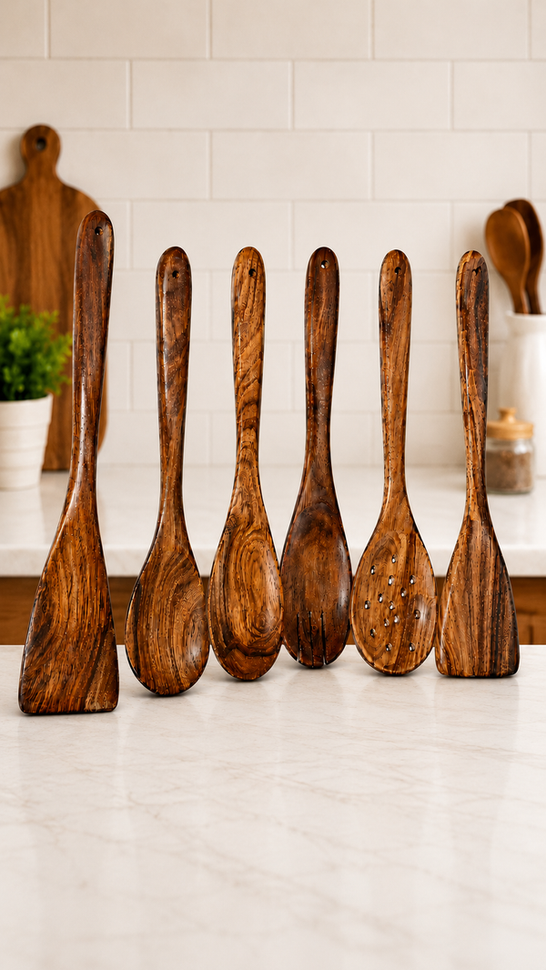 Premium Handcrafted Wooden Kitchen Utensil Set (6 Pieces) | Natural Wooden Cooking Spoons & Spatulas