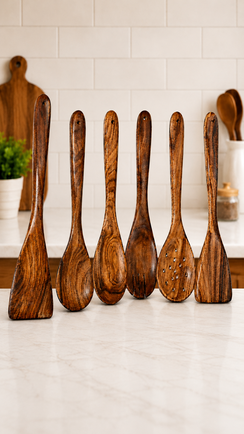 Premium Handcrafted Wooden Kitchen Utensil Set (6 Pieces) | Natural Wooden Cooking Spoons & Spatulas